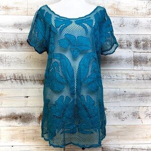 Anthropologie Lilka Turquoise Blue Net Dress Size XS Appliquéd Birds Toucans